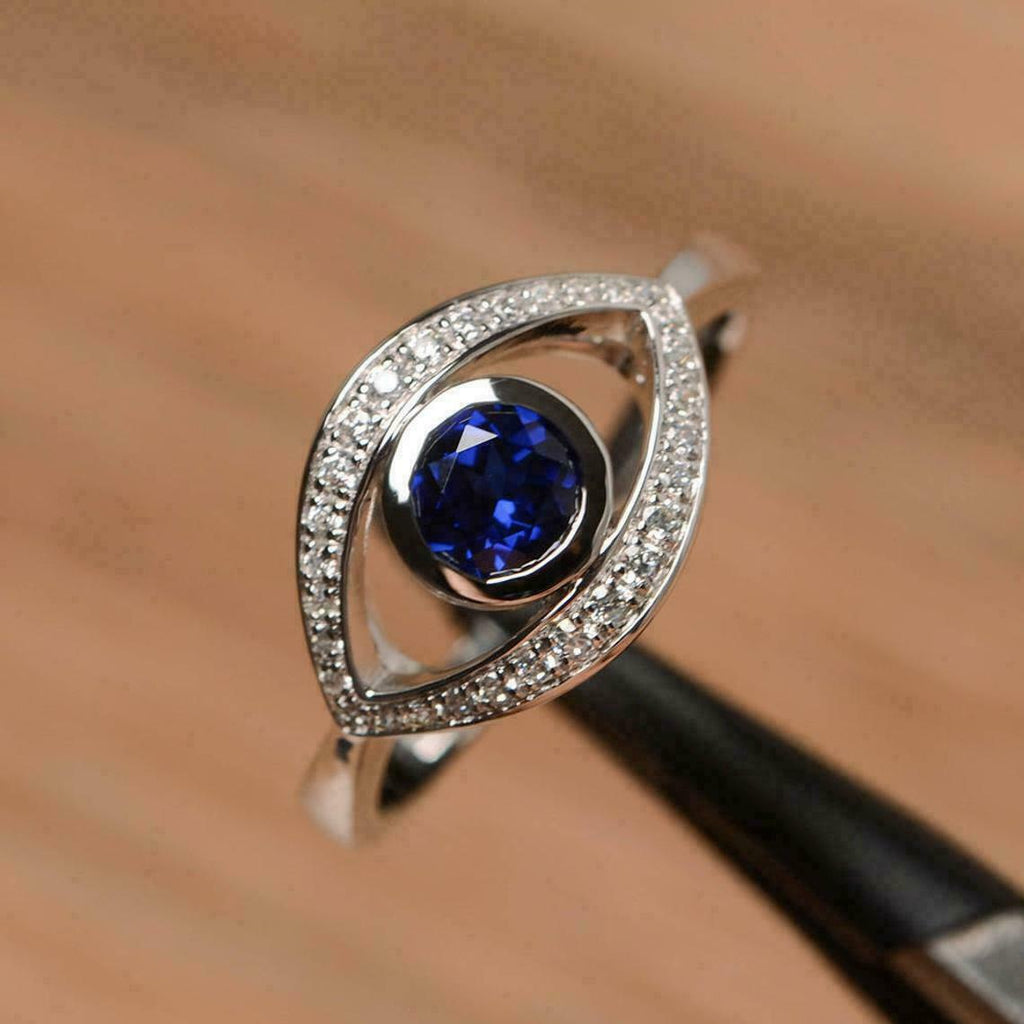 1 Ct Round Cut Blue Sapphire Diamond Evil Eye 925 Sterling Silver Ring