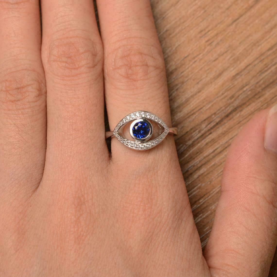 1 Ct Round Cut Blue Sapphire Diamond Evil Eye 925 Sterling Silver Ring