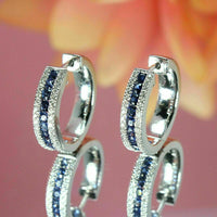 2 Ct Round Cut Blue Sapphire Diamond Huggie Hoop Earrings 925 Sterling Silver