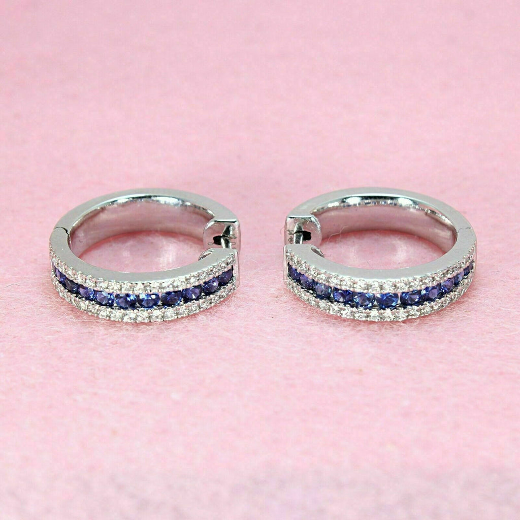 2 Ct Round Cut Blue Sapphire Diamond Huggie Hoop Earrings 925 Sterling Silver