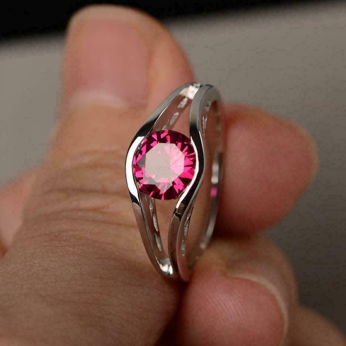 2 Ct Round Cut Red Ruby Diamond Solitaire Engagement Ring 925 Sterling Sliver