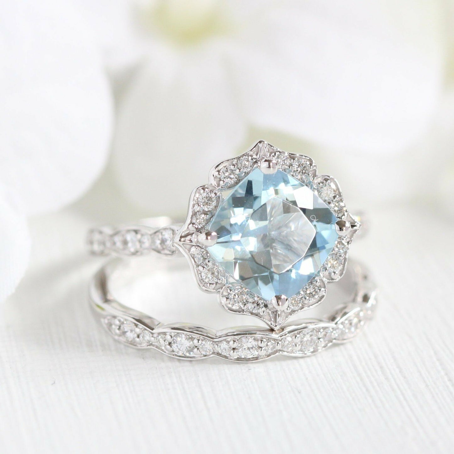 2 Ct Cushion Cut Blue Aquamarine 925 Sterling Silver Engagement Wedding Bridal Ring Set