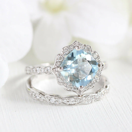 2 Ct Cushion Cut Blue Aquamarine 925 Sterling Silver Engagement Wedding Bridal Ring Set