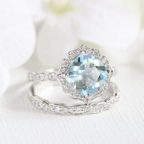 2 Ct Cushion Cut Blue Aquamarine 925 Sterling Silver Engagement Wedding Bridal Ring Set