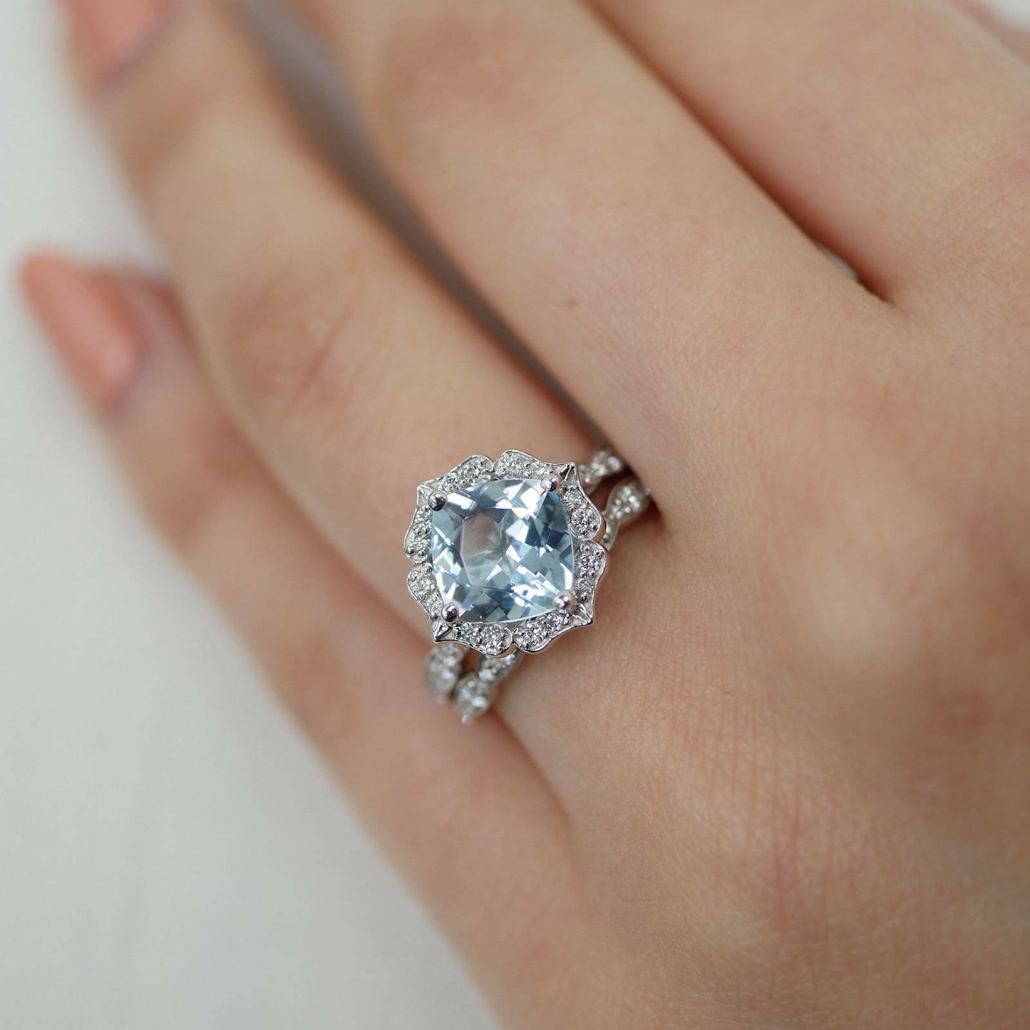 2 Ct Cushion Cut Blue Aquamarine 925 Sterling Silver Engagement Wedding Bridal Ring Set