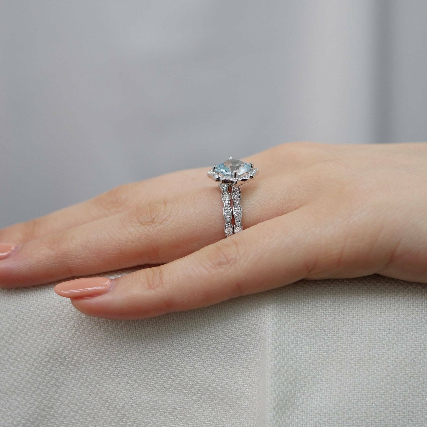 2 Ct Cushion Cut Blue Aquamarine 925 Sterling Silver Engagement Wedding Bridal Ring Set