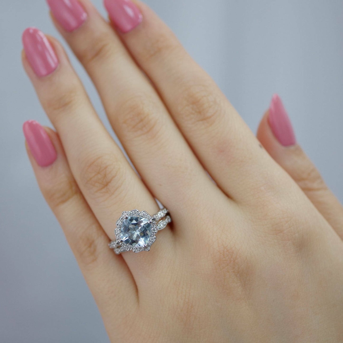 2 Ct Cushion Cut Blue Aquamarine 925 Sterling Silver Engagement Wedding Bridal Ring Set