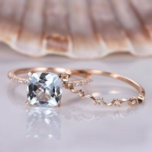2 Ct Cushion Cut Blue Aquamarine 925 Sterling Silver Engagement Bridal Ring Set