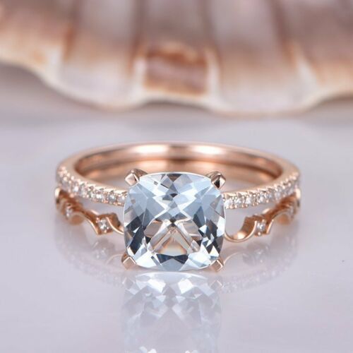 2 Ct Cushion Cut Blue Aquamarine 925 Sterling Silver Engagement Bridal Ring Set