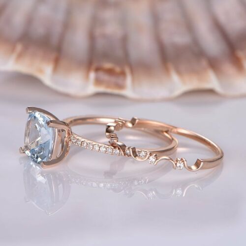 2 Ct Cushion Cut Blue Aquamarine 925 Sterling Silver Engagement Bridal Ring Set