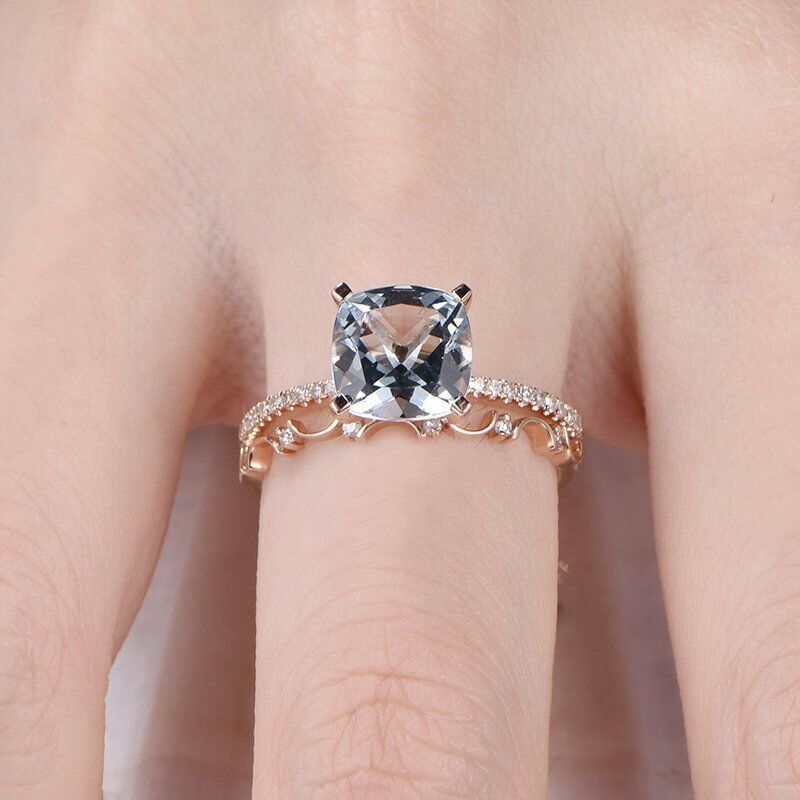 2 Ct Cushion Cut Blue Aquamarine 925 Sterling Silver Engagement Bridal Ring Set