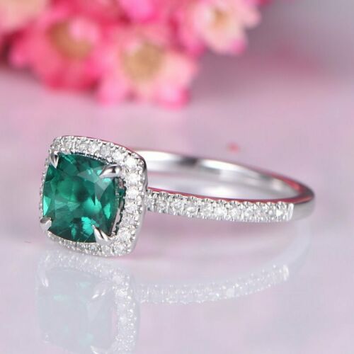 2 Ct Cushion Cut Green Emerald 925 Sterling Silver Halo Diamond Engagement Ring