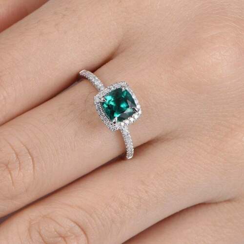 2 Ct Cushion Cut Green Emerald 925 Sterling Silver Halo Diamond Engagement Ring