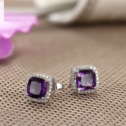 2.25 Ct Cushion Cut Purple Amethyst Halo Diamond Stud Earrings In 925 Sterling Silver