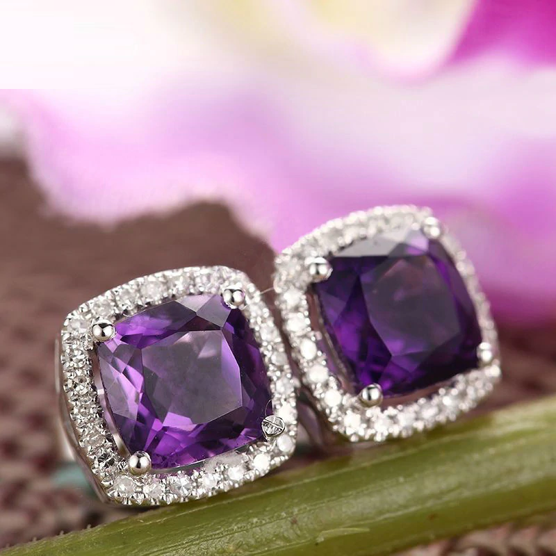 2.25 Ct Cushion Cut Purple Amethyst Halo Diamond Stud Earrings In 925 Sterling Silver