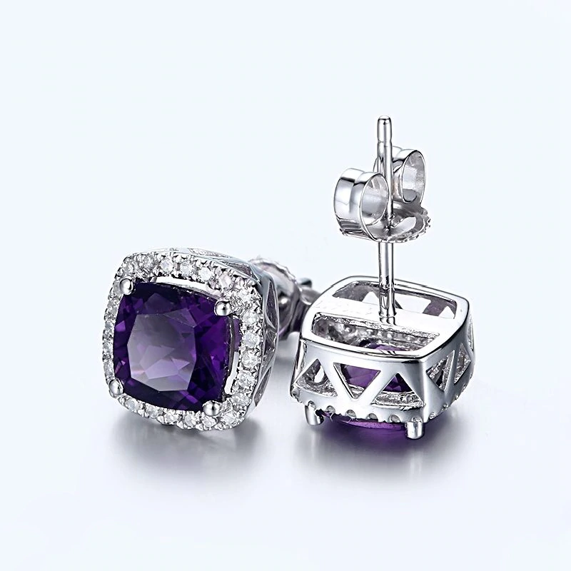 2.25 Ct Cushion Cut Purple Amethyst Halo Diamond Stud Earrings In 925 Sterling Silver