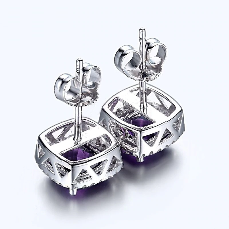 2.25 Ct Cushion Cut Purple Amethyst Halo Diamond Stud Earrings In 925 Sterling Silver