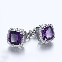2.25 Ct Cushion Cut Purple Amethyst Halo Diamond Stud Earrings In 925 Sterling Silver