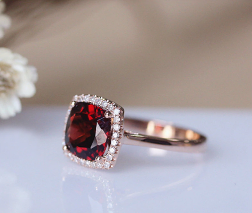 2 Ct Cushion Cut Red Garnet Halo Engagement Ring Rose Gold Plated On 925 Sterling Silver