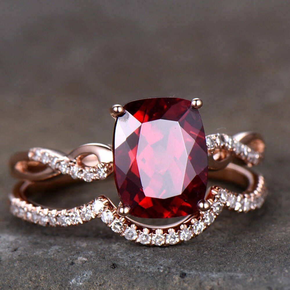 2 Ct Cushion Cut Red Garnet 925 Sterling Silver Infinity Engagement Bridal Ring Set