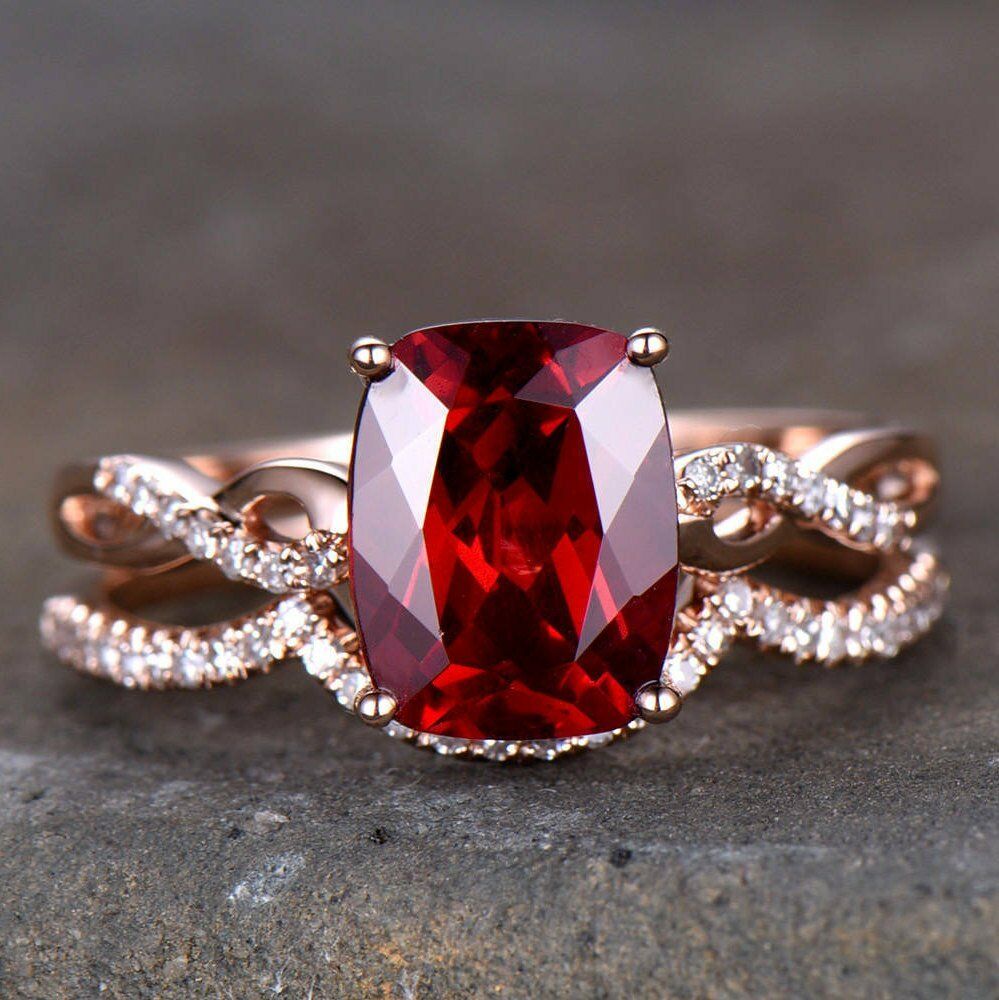 2 Ct Cushion Cut Red Garnet 925 Sterling Silver Infinity Engagement Bridal Ring Set