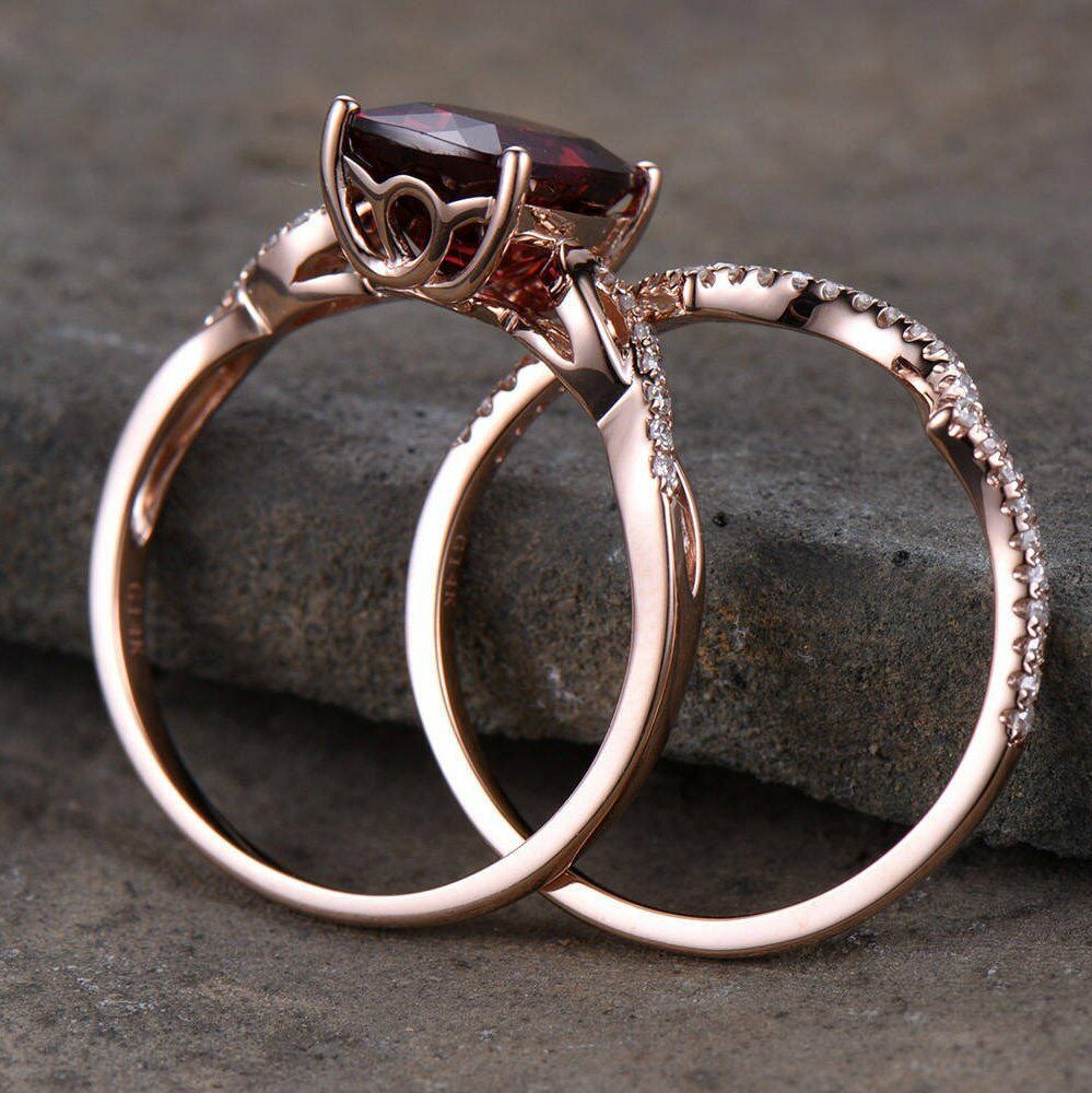 2 Ct Cushion Cut Red Garnet 925 Sterling Silver Infinity Engagement Bridal Ring Set