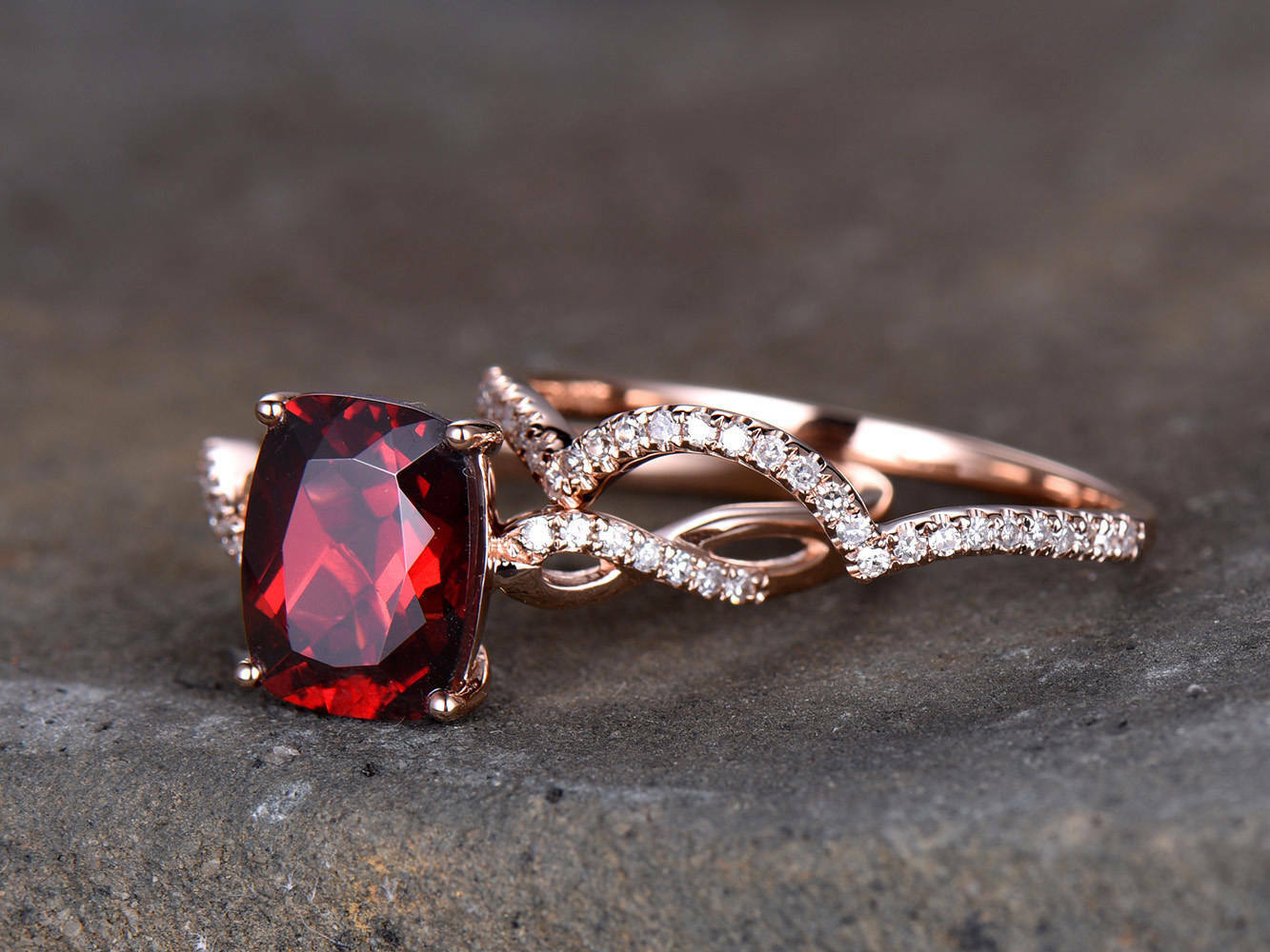 2 Ct Cushion Cut Red Garnet 925 Sterling Silver Infinity Engagement Bridal Ring Set