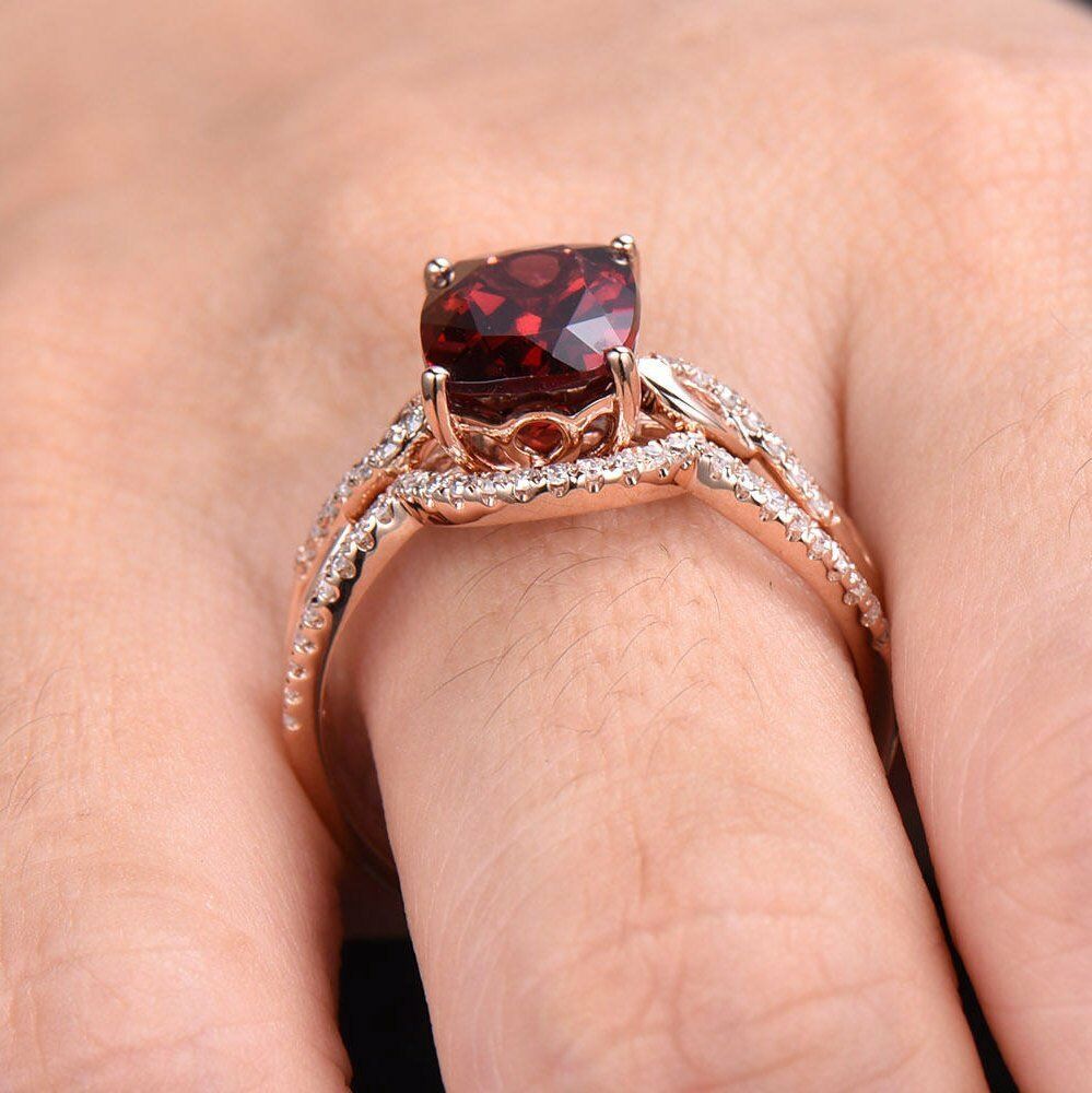 2 Ct Cushion Cut Red Garnet 925 Sterling Silver Infinity Engagement Bridal Ring Set