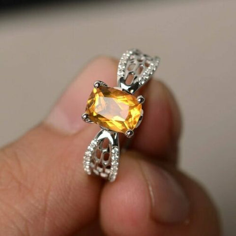 1.50 Ct Cushion Cut Yellow Citrine 925 Sterling Silver Solitaire W/Accents Ring