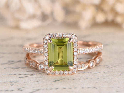 2 Ct Emerald Cut Green Peridot 925 Sterling Silver Vintage Engagement Bridal Ring Set