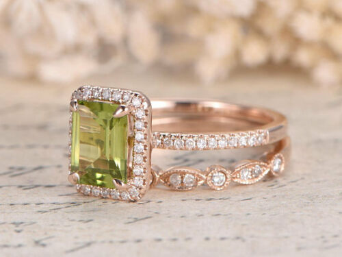 2 Ct Emerald Cut Green Peridot 925 Sterling Silver Vintage Engagement Bridal Ring Set