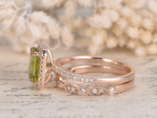 2 Ct Emerald Cut Green Peridot 925 Sterling Silver Vintage Engagement Bridal Ring Set
