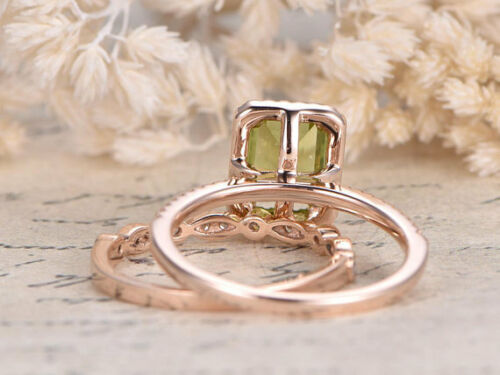 2 Ct Emerald Cut Green Peridot 925 Sterling Silver Vintage Engagement Bridal Ring Set