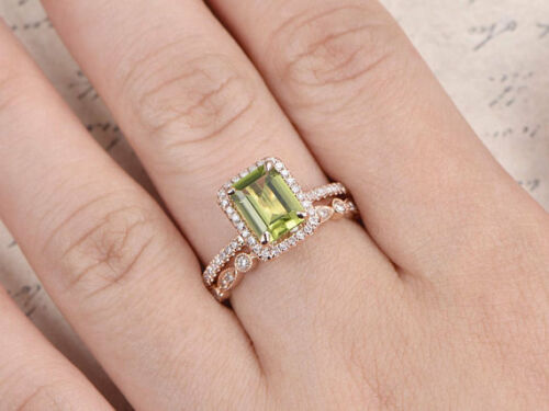 2 Ct Emerald Cut Green Peridot 925 Sterling Silver Vintage Engagement Bridal Ring Set