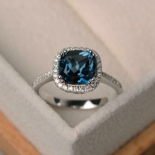 1.50 Ct Cushion Cut London Blue Topaz Halo Engagement Ring 925 Sterling Silver