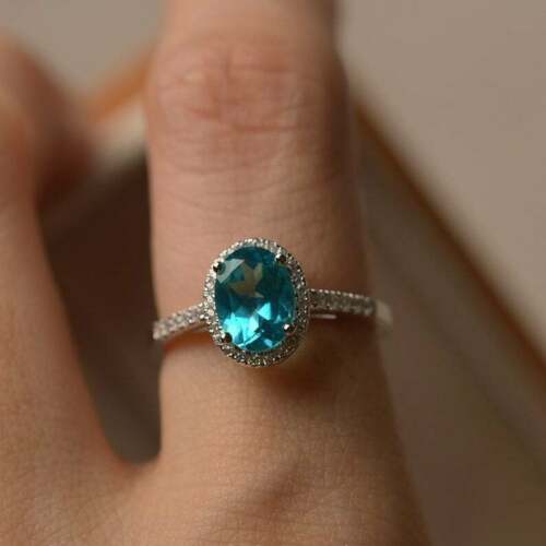 2 Ct Oval Cut Blue Topaz 925 Sterling Silver Halo Diamond Engagement Ring