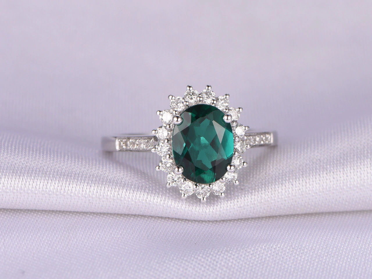 2.10 Ct Oval Cut Green Emerald 925 Sterling Silver Floral Halo Diamond Engagement Ring