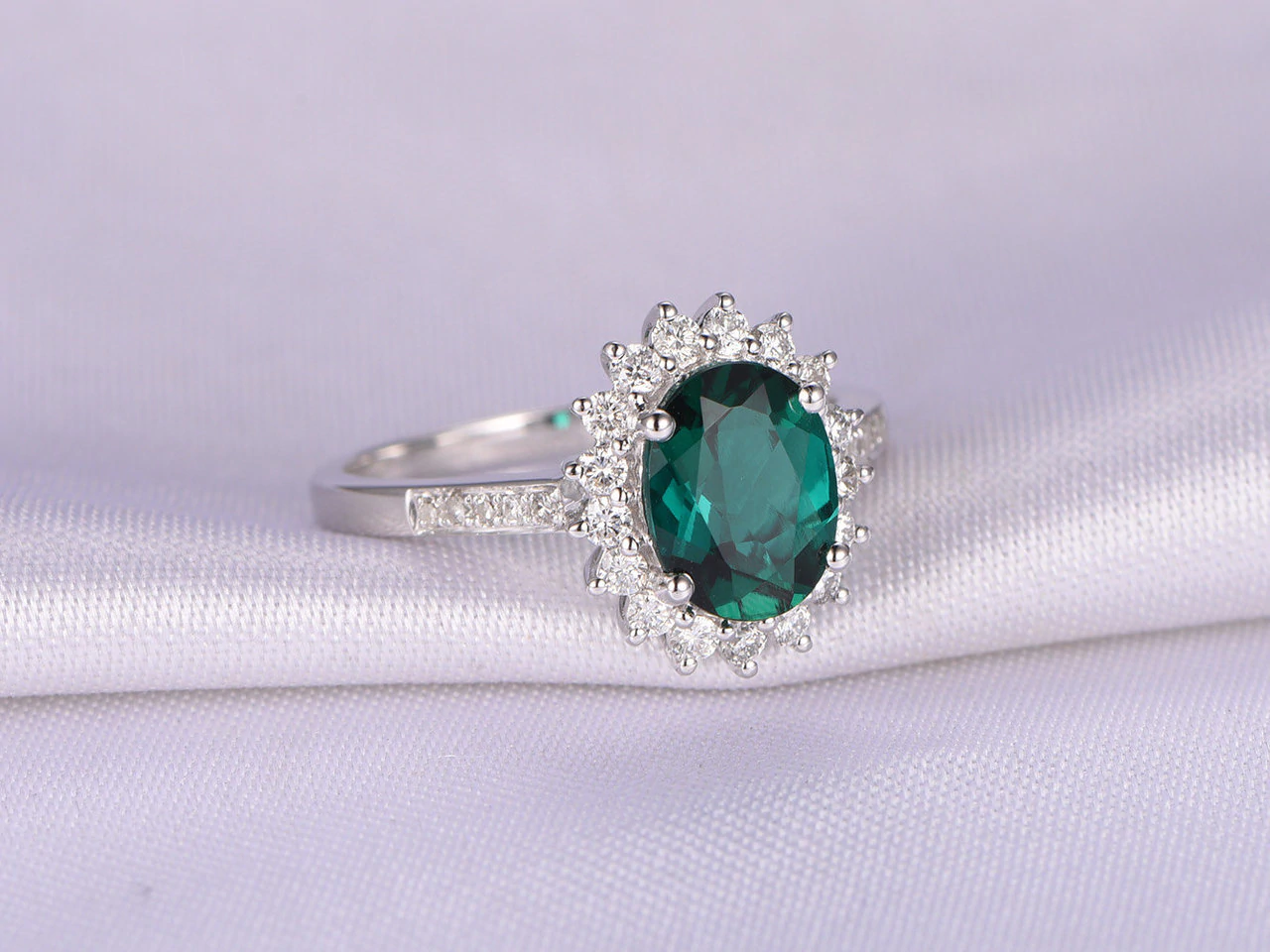 2.10 Ct Oval Cut Green Emerald 925 Sterling Silver Floral Halo Diamond Engagement Ring