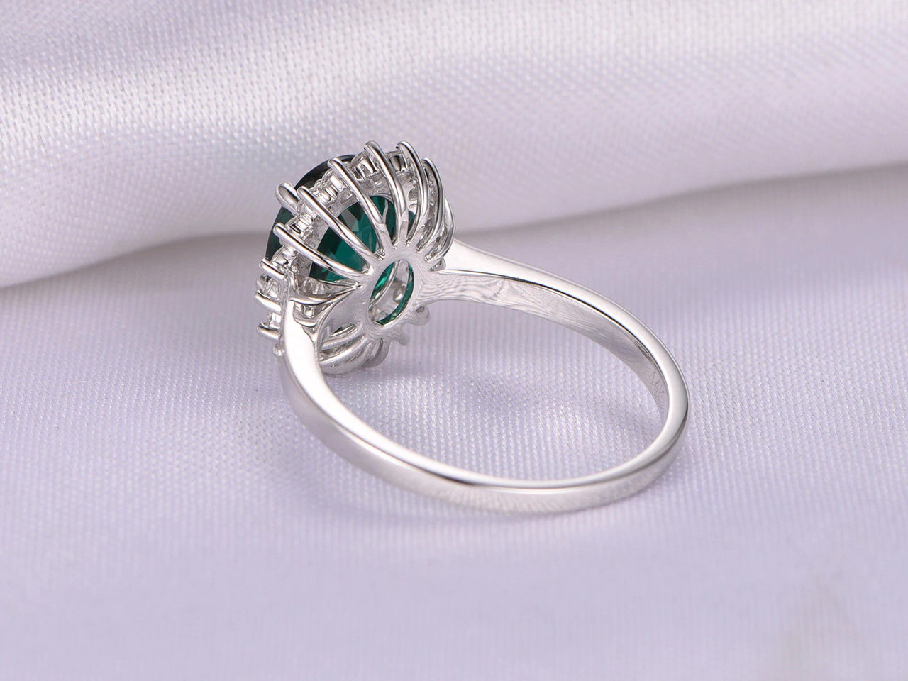 2.10 Ct Oval Cut Green Emerald 925 Sterling Silver Floral Halo Diamond Engagement Ring
