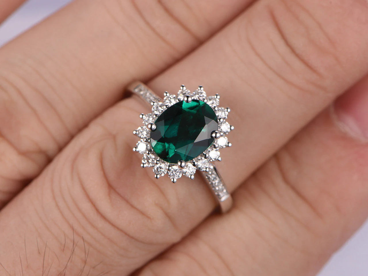 2.10 Ct Oval Cut Green Emerald 925 Sterling Silver Floral Halo Diamond Engagement Ring