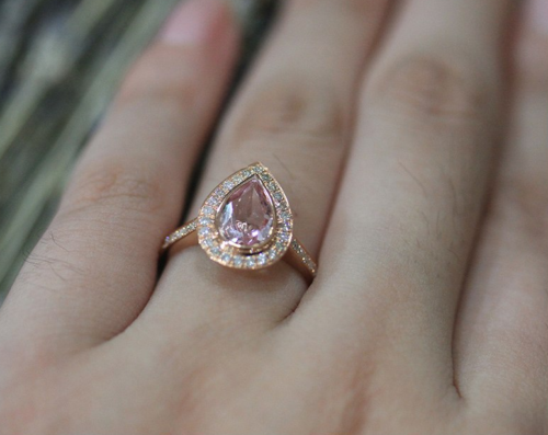 1.20 Ct Pear Cut Pink Morganite Rose Gold Over On 925 Sterling Silver Halo Anniversary Gift Ring