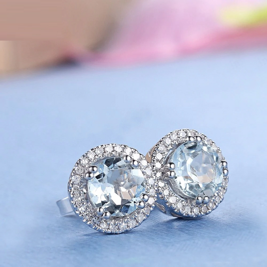 2.00 Ct Round Cut Aquamarine Push Back Halo Stud Earrings In 925 Sterling Silver