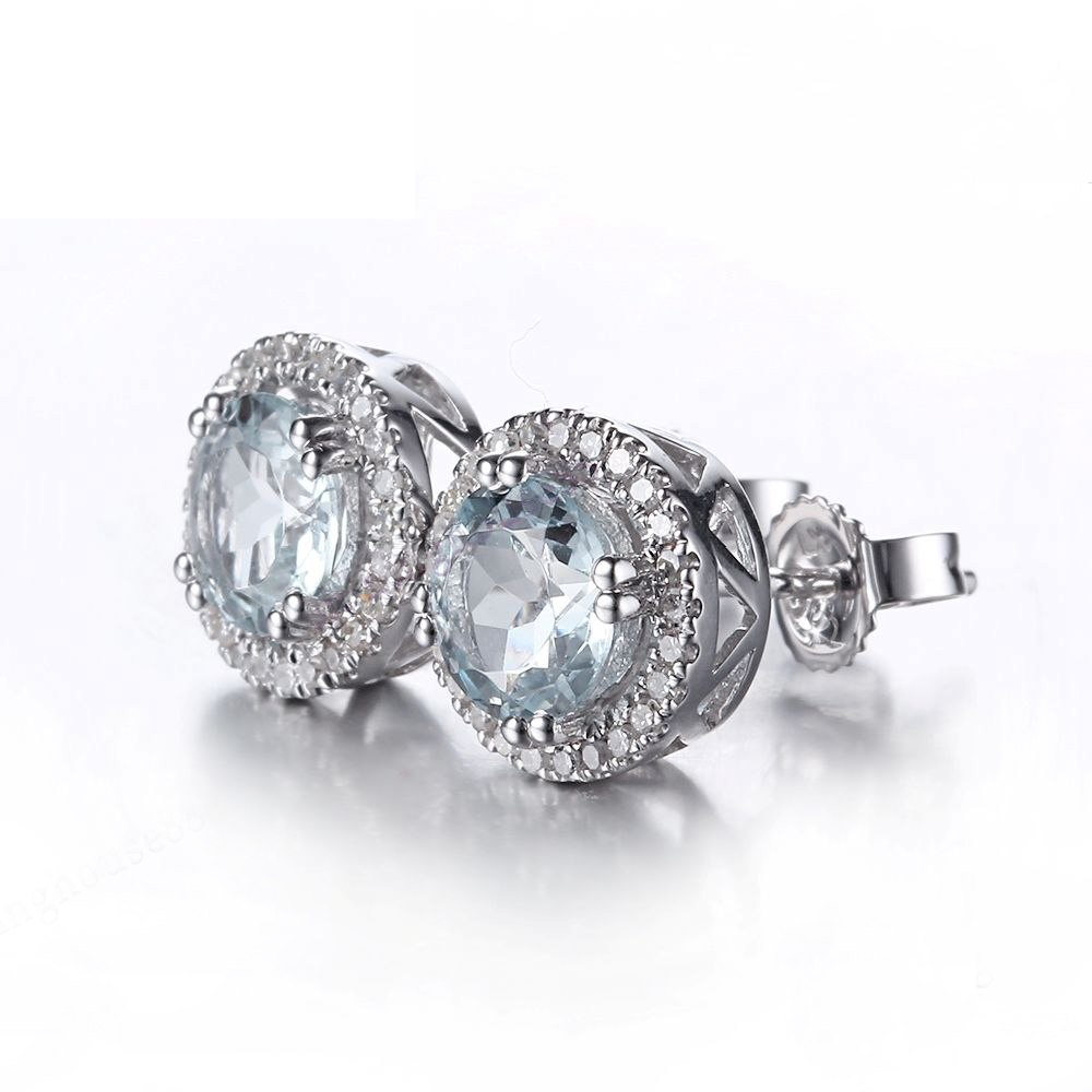 2.00 Ct Round Cut Aquamarine Push Back Halo Stud Earrings In 925 Sterling Silver