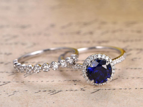 2 Ct Round Cut Blue Sapphire & Diamond Halo Engagement Bridal Ring Set 925 Sterling Silver