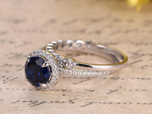 2 Ct Round Cut Blue Sapphire & Diamond Halo Engagement Bridal Ring Set 925 Sterling Silver