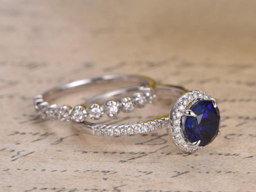 2 Ct Round Cut Blue Sapphire & Diamond Halo Engagement Bridal Ring Set 925 Sterling Silver