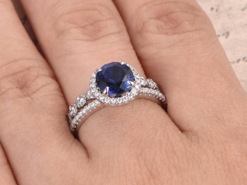 2 Ct Round Cut Blue Sapphire & Diamond Halo Engagement Bridal Ring Set 925 Sterling Silver