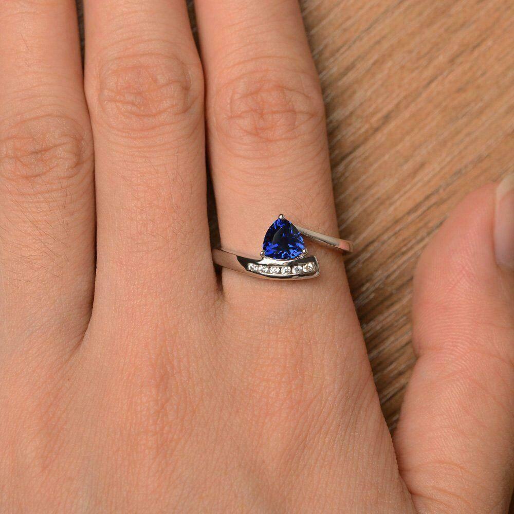 2 Ct Trillion Cut Blue Sapphire Bypass Style Engagement Ring 925 Sterling Silver