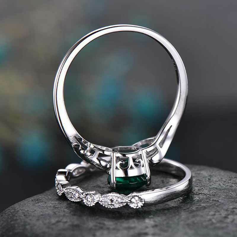 1.75 Ct  Pear Cut Green Emerald Diamond 925 Sterling Silver Wedding Bridal Ring Set