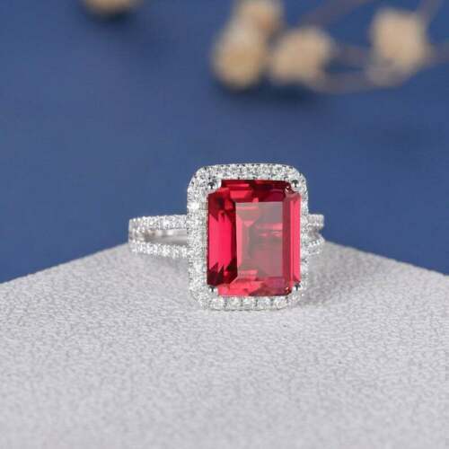 3.00 Ct Emerald Cut Red Ruby July Birthstone Halo Ring 14K White Gold Over 925 Sterling Silver
